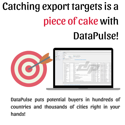 Catching export targets is a piece of cake with DataPulse! DataPulse puts potential buyers in hundreds of countries and thousands of cities right in your hands!
